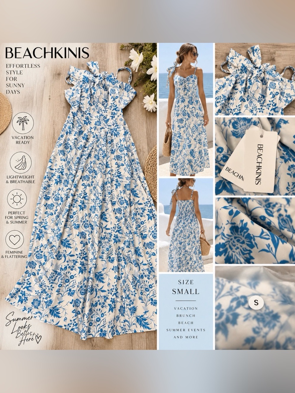 Beachkinis Blue & White Floral Maxi Dress – Size Small – New